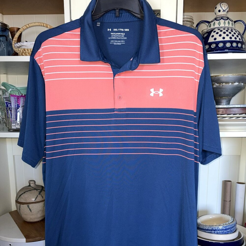Under Armour Polo Shirt Men's XXL Playoff Stripe Navy Blue/Salmon